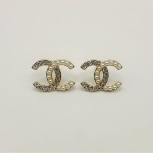 CHANEL Gold-Tone CC Logo Crystal & Pearl Stud Earrings